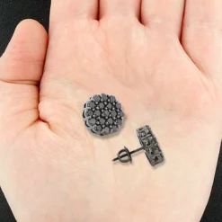 Large Black Diamond Cluster Earrings 3.5 Ct 10K Black Plated Gold Studs -Outlet Bijou Lush Store large black diamond cluster earrings 4ct 10k gold studs 4