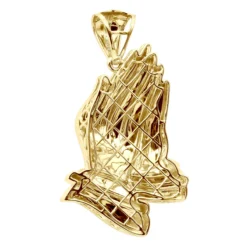 Large Men's 14K Yellow Gold Praying Hands Pendant With Diamond Bail 3 Inches Long -Outlet Bijou Lush Store large mens 14k gold praying hands pendant with diamond bail 3 inches long back yellow