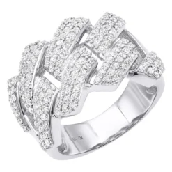 Solid 14K White Gold Cuban Link Ring Iced Out Men's Diamond Band 2 Carats