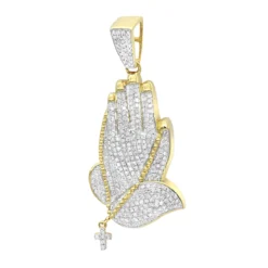 Men's 14K Yellow Gold Diamond Praying Hands Pendant With Cross 0.9ct By Luxurman