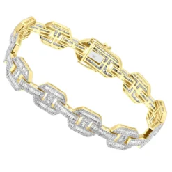 Mens Mariner Link Diamond Bracelet 10K Yellow Gold Round Baguette Diamonds 8ct