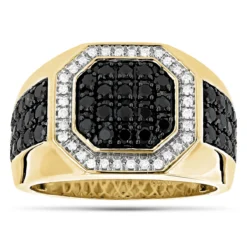 14K Yellow Gold White And Black Diamond Ring For Men Pinky Ring 1.8ct