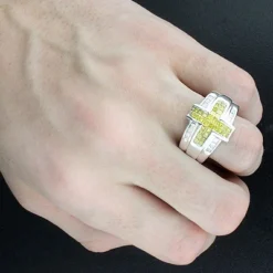 Men's White Yellow Diamond Cross Ring 14K White Gold 2.25ct -Outlet Bijou Lush Store mens white yellow diamond cross ring 14k 225ct p 43641bod
