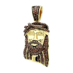 Mini Diamond Jesus Face Pendant 10K Yellow Gold 1/2 Carat Red Diamonds