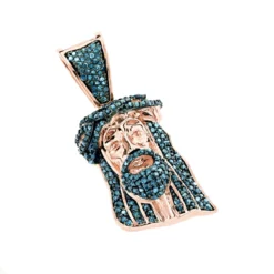Mini Diamond Jesus Head Pendant 10K Yellow Gold 1/2 Carat Blue Diamonds -Outlet Bijou Lush Store mini diamond jesus head pendant solid 10k gold 1 2 carat blue diamonds rose