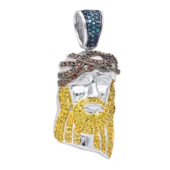 Unique Mini Jesus Pendant 10K White Gold 1/2 Ct Blue Red Yellow Diamonds