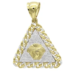 10K Yellow Gold Diamond Medusa Head Triangle Pendant Cuban Link Chain 0.8ct
