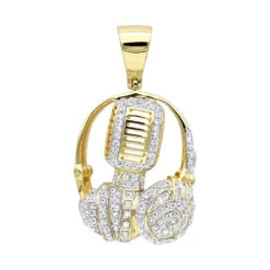 10K Yellow Gold Genuine Diamond Microphone & Headphones Pendant 1ct DJ Charm
