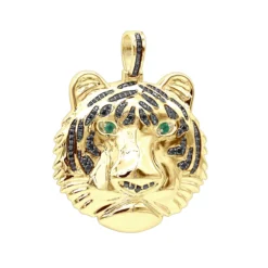 14K Yellow Gold Tiger Head Diamond Pendant For Men 2.2ct Black Diamonds