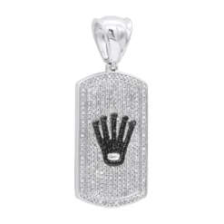 Real Diamond Dog Tag Pendant With Crown 10K White Gold White & Black Diamonds 1ct