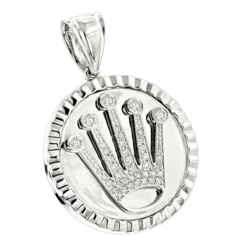 Rolex Style Diamond Crown Pendant Medallion 0.85ct 14K White Gold