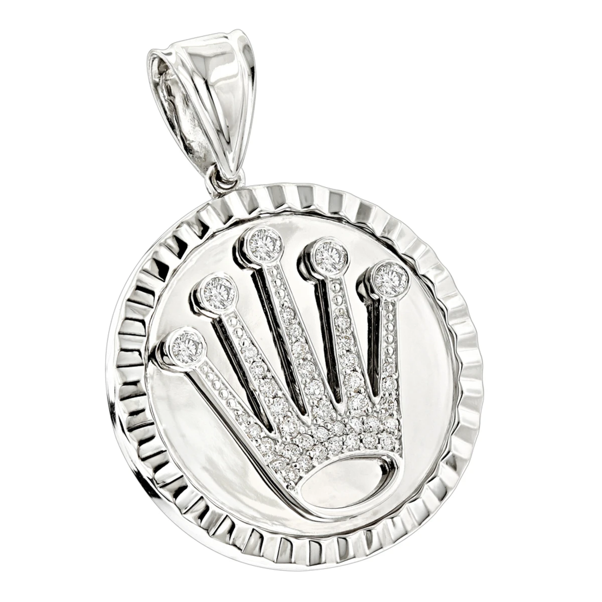 Rolex Style Diamond Crown Pendant Medallion 0.85ct 14K White Gold 3 Rolex Style Diamond Crown Pendant Medallion 0.85ct 14K White Gold