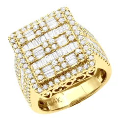 14K Yellow Gold Square Shape Round & Baguette Diamond Pinky Ring For Men 3.5 Carats