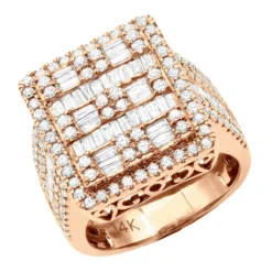 14K Yellow Gold Square Shape Round & Baguette Diamond Pinky Ring For Men 3.5 Carats -Outlet Bijou Lush Store round baguette diamond pinky ring for men 14k gold 35 carats square shape 803247 rose
