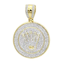 10K Yellow Gold Real Diamond Crown Pendant For Men Iced Out Round Medallion