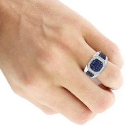 Unique 14K White Gold Diamond And Blue Sapphire Men's Ring By Luxurman 1.8ctw -Outlet Bijou Lush Store unique 14k gold diamond and blue sapphire mens ring by luxurman 18ctw bodwh