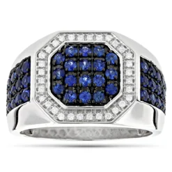 Unique 14K White Gold Diamond And Blue Sapphire Men's Ring By Luxurman 1.8ctw