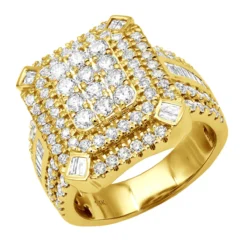 Unique 14K Yellow Gold Large Men's 3.5ct Round & Baguette Cut Diamond Statement Ring