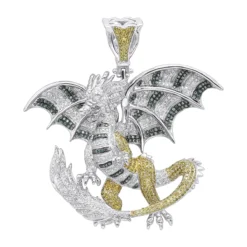 Unique 14K White Gold White Yellow Blue Diamond Dragon Pendant For Men 4.25ct