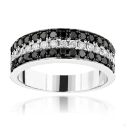 Unique 3 Row White Black Diamond Wedding Band 1.35ct 10K White Gold Luxurman Ring