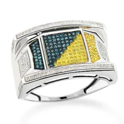White Blue Yellow Diamond Ring For Men 0.60ct Sterling Silver -Outlet Bijou Lush Store white blue yellow diamond ring for men 060ct sterling silver 2